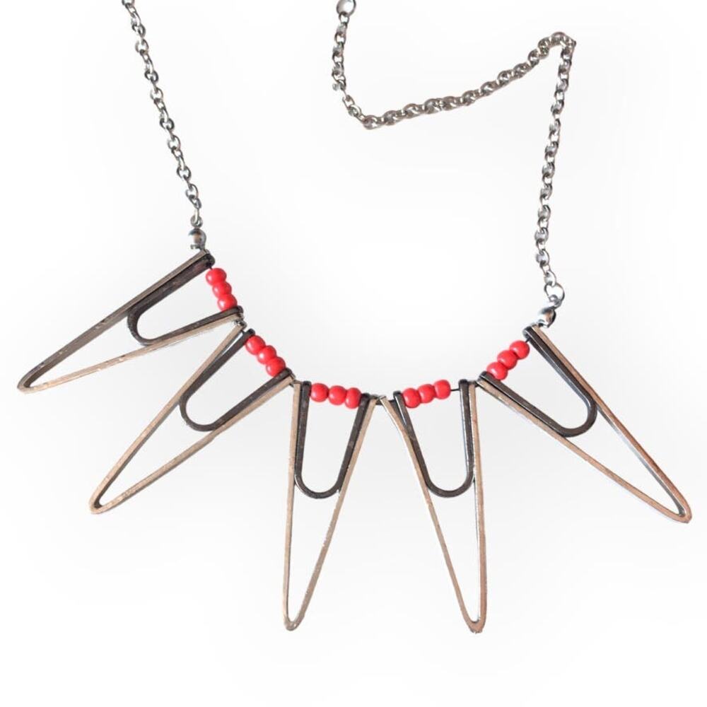 Geometric southwest-feel orange/silver-tone/gunmetal statement necklace